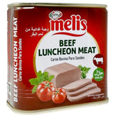 A 340g can of Melis Beef Luncheon Meat (Halal) displays sliced meat and tomatoes on the label, includes halal certification, and features multilingual text.